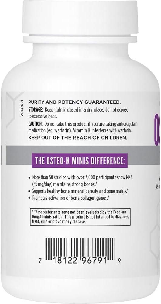 NBI Osteo-K Bone Support - Mini | Vitamin D &amp K Complex with Calcium Citrate Supplement | 45mg Vitamin K2 (MK4) for Strong Bone Health &amp Function | 120ct Veggie Capsules