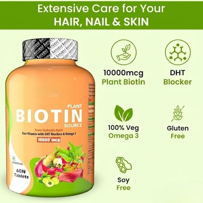 100% Plant Based Biotin Tablets with High Protein Vitamin DHT Omega 3 for Strong Hairs Nails Growth &amp Glowing Skin.