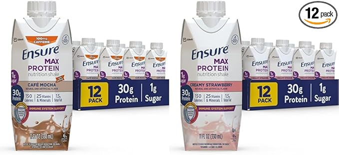 Ensure Max Protein Liquid Nutritional Shake with 30g of Protein &amp Max Protein Nutrition Shake with 30g of Protein 1g of Sugar High Protein Shake Creamy Strawberry 11 fl oz (Pack of 12)