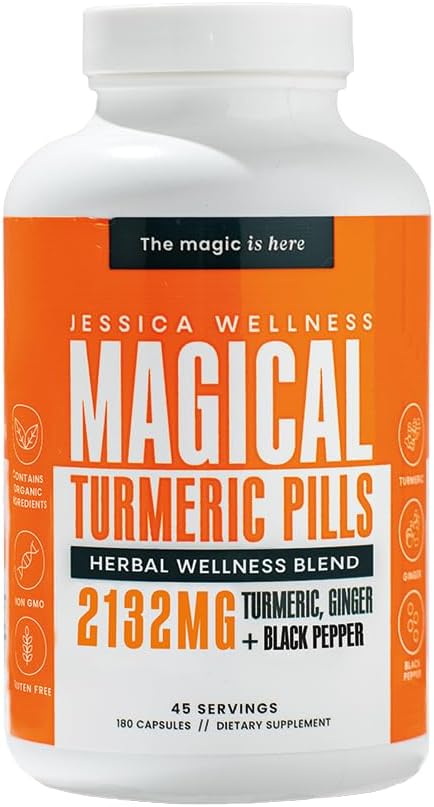 JESSICA WELLNESS Magical Turmeric Pills Turmeric Curcumin Capsules with Black Pepper and Ginger - 180 Count