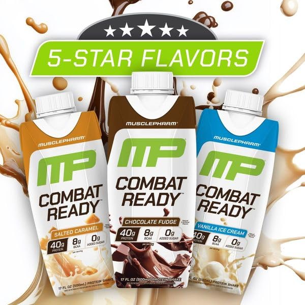 MusclePharm Combat Ready High Protein Shakes Ready to Drink 40g Protein 8g BCAAs 8.7g Glutamine 5g Fiber No Added Sugar Gluten Free Vanilla Ice Cream 17 Fl Oz (Pack of 12)