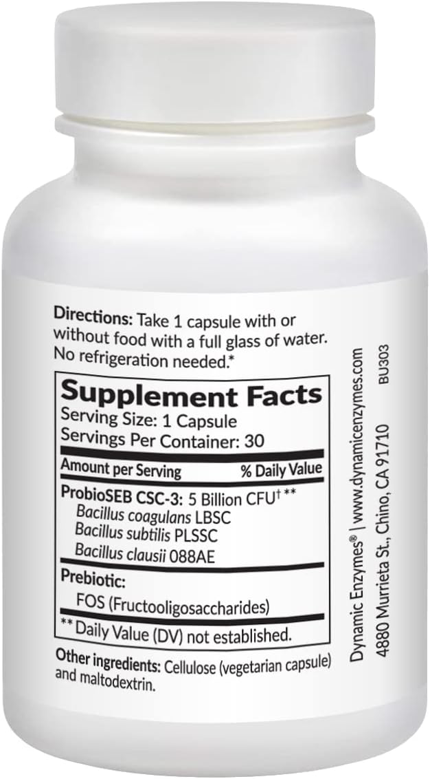 Biome Ultra Spore Probiotic + Prebiotic FOS (ProbioSEB CSC3) – 5 Billion CFU Per Capsule – Bacillus Coagulans Subtilis &amp Clausii – Shelf-Stable Daily Probiotic for Gut &amp Microbiome Support –