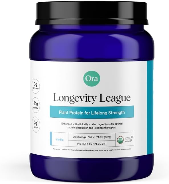 Ora Vegan Protein Powder for Lifelong Strength - 23g Per Serv - Plus Tart Cherry for Joint Health &amp ProHydrolase for Protein Absorption - Organic Gluten-Free - Vanilla Flavor 20 Servings