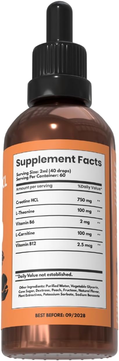 Creatine HCL Liquid Drops for Men &amp Women - 2ml Per Serving L-Theanine Vitamin B12 &amp B6 L-Carnitine - High Absorption 4 Fl Oz (120ml) (4 FL OZ Peach)