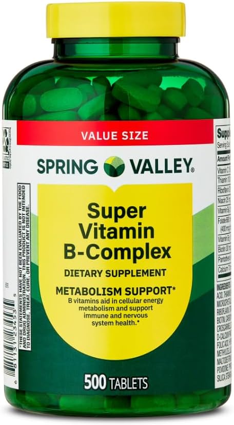 Spring Valley Super Vitamin B-Complex Dietary Supplement Tablets for Metabolism Support 500 Tablets + Dipaze Gift (Container)