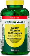 Spring Valley Super Vitamin B-Complex Dietary Supplement Tablets for Metabolism Support 500 Tablets + Dipaze Gift (Container)