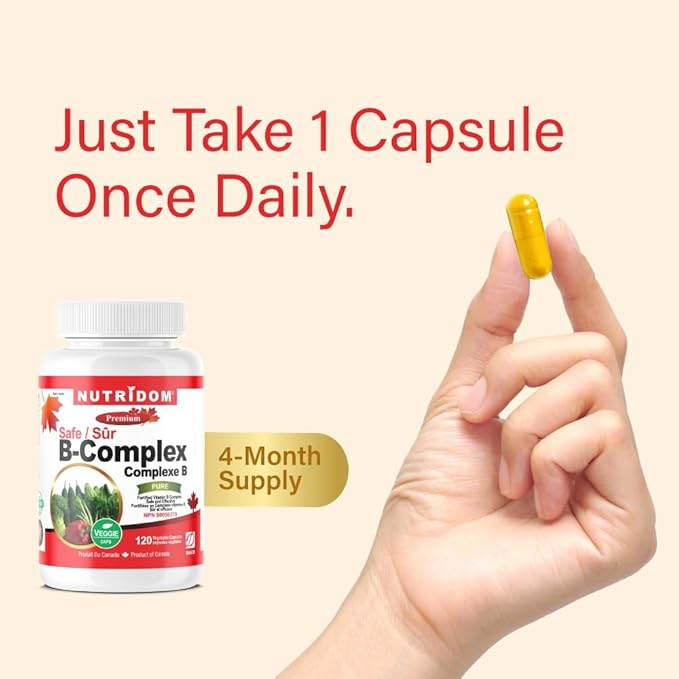 Nutridom Fortified Vitamin B-Complex 200 mg 120 Count All Vegan B-Vitamins Including B12 B1 B2 B3 B4 B5 B6 B7 (Biotin) B8 (Inositol) B9 (Folic Acid)