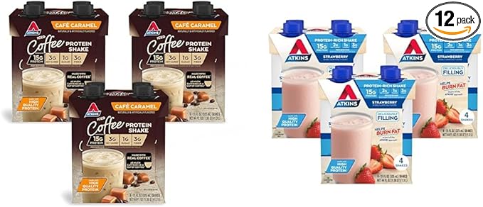 Atkins™ Café Caramel Iced Coffee Protein Shake &amp Strawberry Protein Shake 15g Protein Low Glycemic 2g Net Carb 1g Sugar Keto Friendly 12 Count