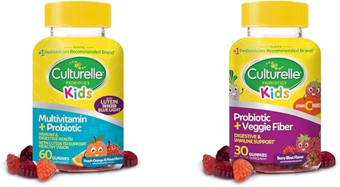 Culturelle Kids Probiotic Gummies for Ages 2+ with Lutein for Eye Health 60 Count + Daily Probiotic for Kids with Veggie Fiber Gummies 30 Count