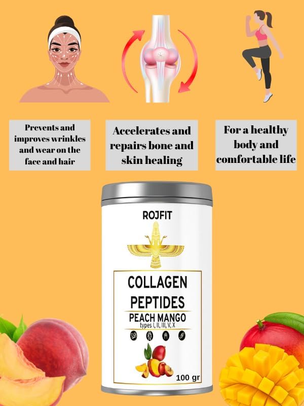 Collagen Powder Drink Mix with Types 1-5 Mango Peach Flavor for Skin Joint and Bone Health 100 gr/3.53