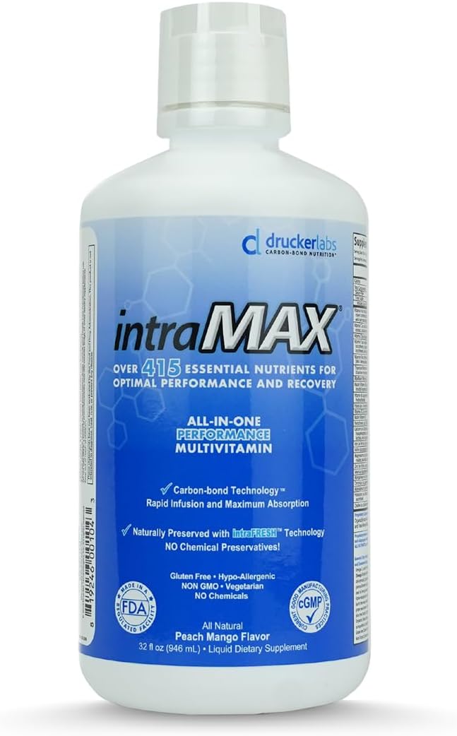 intraMAX Organic Liquid Multivitamin Non GMO Dairy Free Gluten Free Magnesium Vitamin D C and E Zinc (32 oz. Peach Mango)