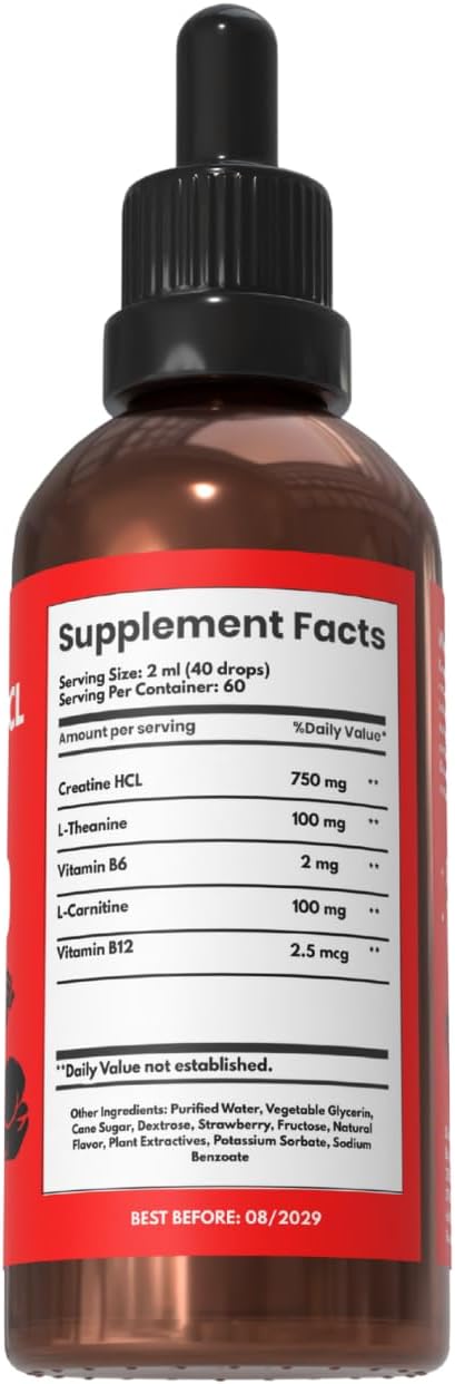 Creatine HCL Liquid Drops for Men &amp Women - 2ml Per Serving L-Theanine Vitamin B12 &amp B6 L-Carnitine - High Absorption 4 Fl Oz (120ml) (4 FL OZ Strawberry)