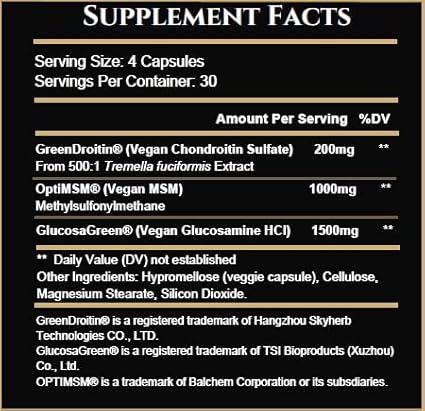 Vegan Glucosamine Chondroitin MSM Joint Support Supplement for Women and Men. Snow Mushroom Chondrotin Sulfate OptiMSM® Mobility Cartilage &amp Flexibility Support Shellfish-Free Non-GMO 120 Capsul