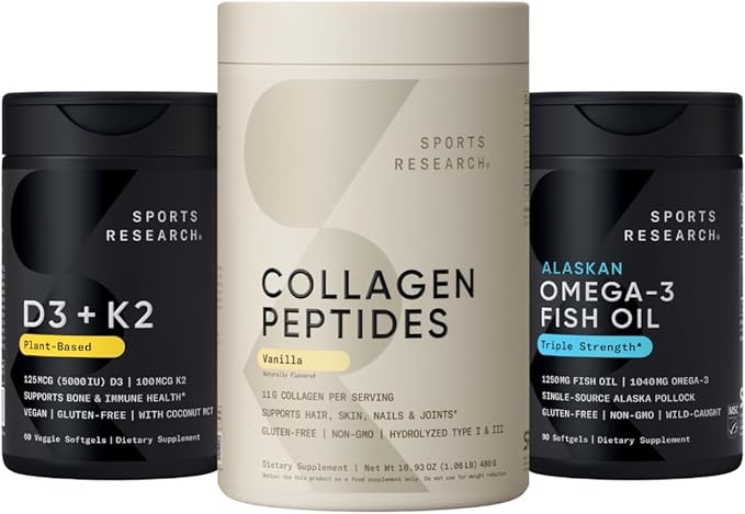 Sports Research® Skin Joint and Bones Pack - Vanilla Collagen Peptides Triple Strength Omega-3 Fish Oil Supplement and Vitamin D3 5000iu &amp Mk7 Vitamin K2 with Coconut MCT Oil