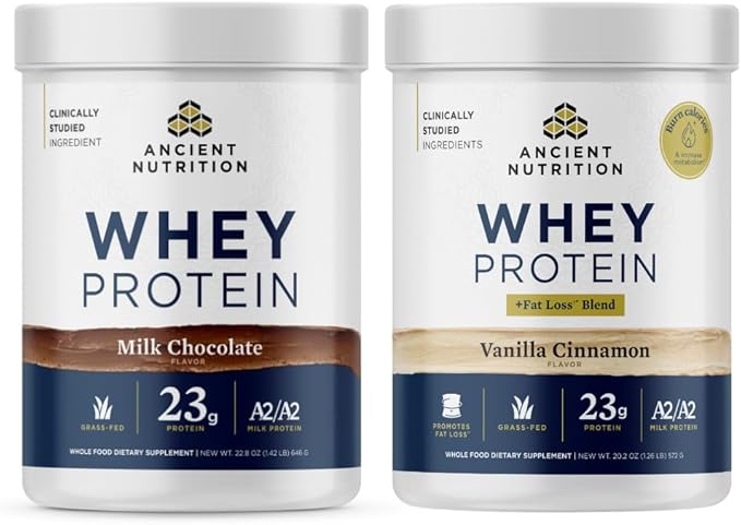 Ancient Nutrition Grass-fed Whey Protein Powder Milk Chocolate 20 Servings + Grass-fed Whey + Fat Loss Protein Powder Vanilla Cinnamon 20 Servings