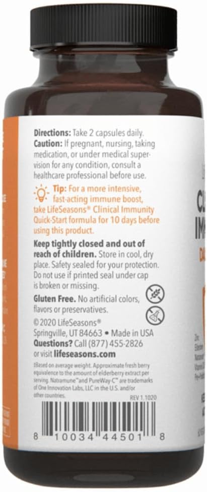 LifeSeasons Clinical Immunity - Daily Boost - Immune System Booster - Pre + Probiotics - Increases Antibodies &amp Immune Cells - Elderberry Zinc Natramune &amp Vitamin C + D3-60 Capsules