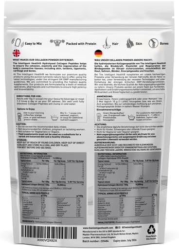 The Intelligent Health Hydrolyzed Collagen Peptides Powder Grass Fed High Protein Unflavored Gluten-Free Paleo &amp Keto Friendly 10g per Serving (1kg) Supports Skin Hair Nails Joints &amp