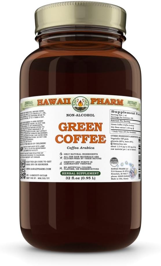 Green Coffee (Coffea Arabica) Dry Bean Glycerite Made in Hawaii All Natural Vegan Lab Tested Alcohol-Free Liquid Extract - 32 fl.oz