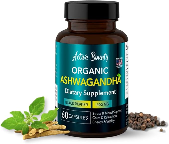 Organic Ashwagandha 1300mg with Black Pepper for Enhanced Absorption | Stress &amp Mood Support Calm &amp Relaxation Energy &amp Vitality | Vegan Non-GMO | 60 Capsules | Made in USA