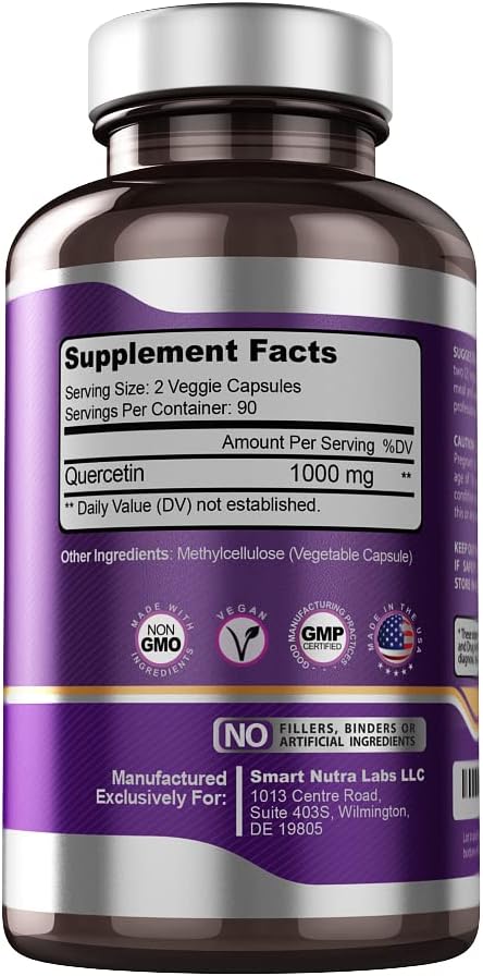Smart Nutra Labs Quercetin 1000mg- 180 Vegan Capsules 100% Pure Quercetin Supplement- Non-GMO Gluten Free Third Party Tested