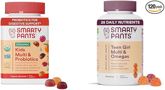 SmartyPants Organic Kids Multivitamin Gummies: Probiotics Omega 3 (ALA) &amp Teen Girl Multivitamin Gummies: Omega 3 Fish Oil (EPA/DHA) Vitamin D3 C Vitamin B12 B6