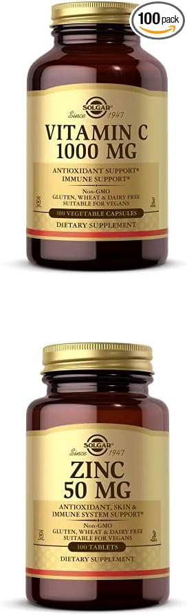 Solgar Vitamin C 1000 mg 100 Vegetable Capsules - Antioxidant &amp Immune Support - Overall Health Zinc 50 mg 100 Tablets - Zinc for Healthy Skin Taste &amp Vision