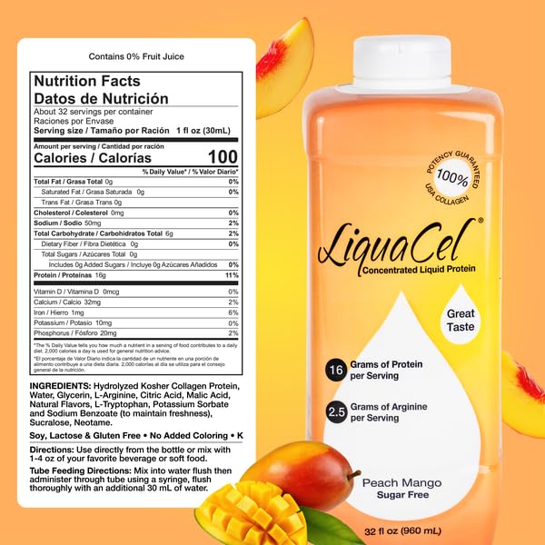 LiquaCel Concentrated Liquid Protein Peach Mango Flavor Ready-to-Drink 16g Hydrolyzed Collagen Protein and 2.5g Arginine Per 1oz Serving Sugar &amp Gluten Free 32 fl oz Bottle Case of 6
