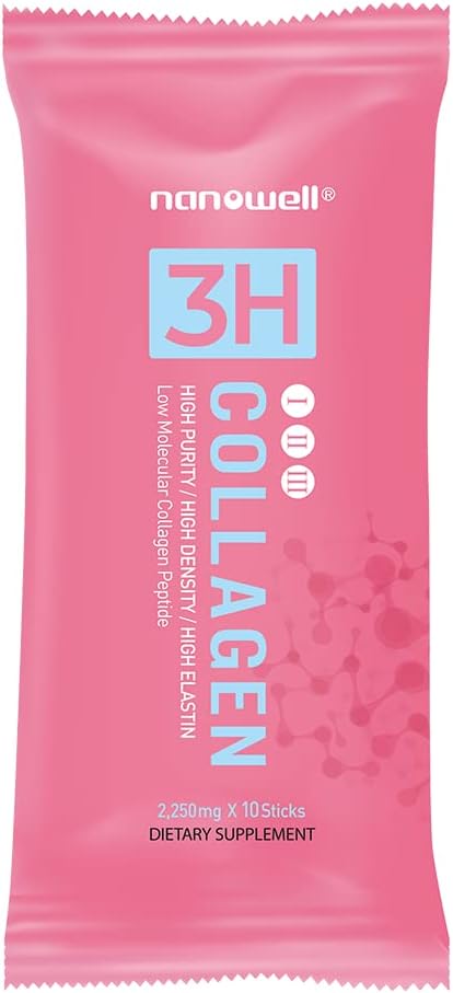 NANOWELL 3H Collagen Peptide 60 Sticks X 2 Boxes for 2 Months - I II &amp III with Vitamin A C E Hydrolyzed Elastin Peptide and Hyaluronic Acid - Hair Nail Skin and Joint Support (120 Count)
