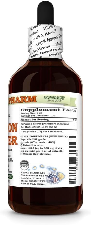 Hawaii Pharm Passion Flower Alcohol-Free Extract Glycerite for Calm and Sleep Support Soothes Digestive Discomfort Promotes Relaxation Encourages Emotional Balance - 4 fl.oz
