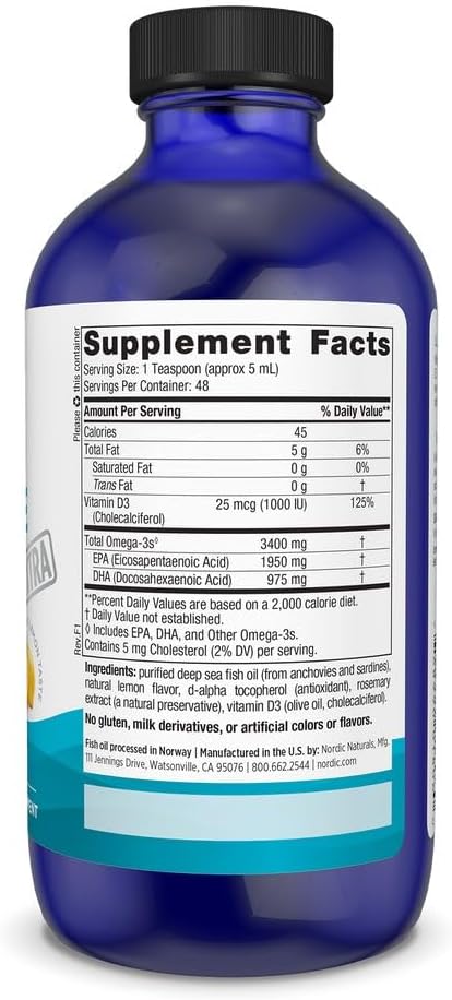 Nordic Naturals Ultimate Omega Xtra Liquid Lemon Flavor - 8 oz - 3400 mg Omega-3 + 1000 IU Vitamin D3 - EPA &amp DHA - Brain Heart Joint &amp Immune Health - Non-GMO - 48 Servings