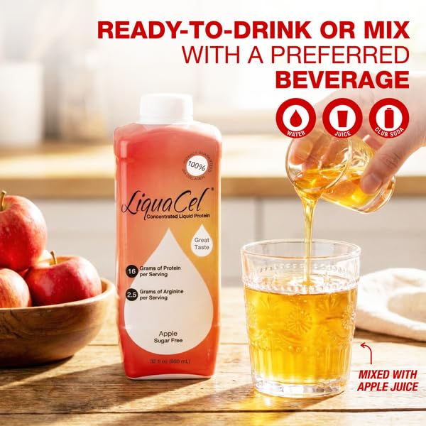 LiquaCel Concentrated Liquid Protein Apple Flavor Ready-to-Drink 16g Hydrolyzed Collagen Protein and 2.5g Arginine Per 1oz Serving Sugar &amp Gluten Free 32 fl oz Bottle Case of 6