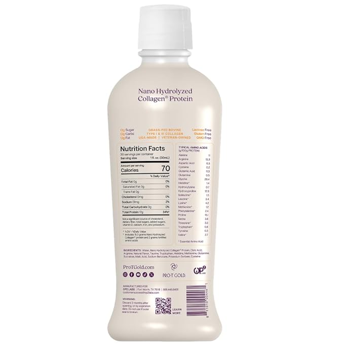 ProT Gold Liquid Collagen Protein Shot 17g Clear Protein Nano-Hydrolyzed Grass Fed Collagen 2g Arginine for Wound Support Gluten Free Sugar Free 0g Carbs Non GMO Orange Creme 30 fl oz Bottle