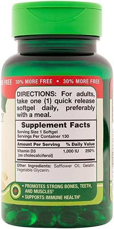 Nature's Truth High Potency Vitamin D3 1000 IU Quick Release Softgels - 130 ct Pack of 2