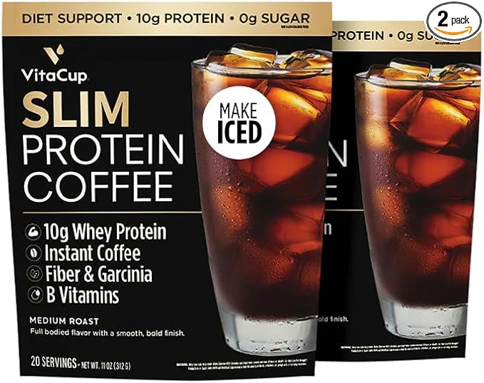VitaCup Slim Protein Coffee Shake for Diet Support Instant Coffee w/Whey Protein Powder B Vitamins &amp Fiber Dietitian Developed for Performance &amp Taste Make as Iced Coffee or Shake 2 Bags