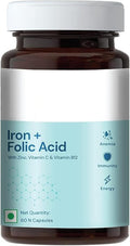 RJ Iron + Folic Acid Supplement with Zinc Vitamin C &amp Vitamin B12 Supports Blood Building Immunity and Energy 60 Iron Folic Acid Capsules