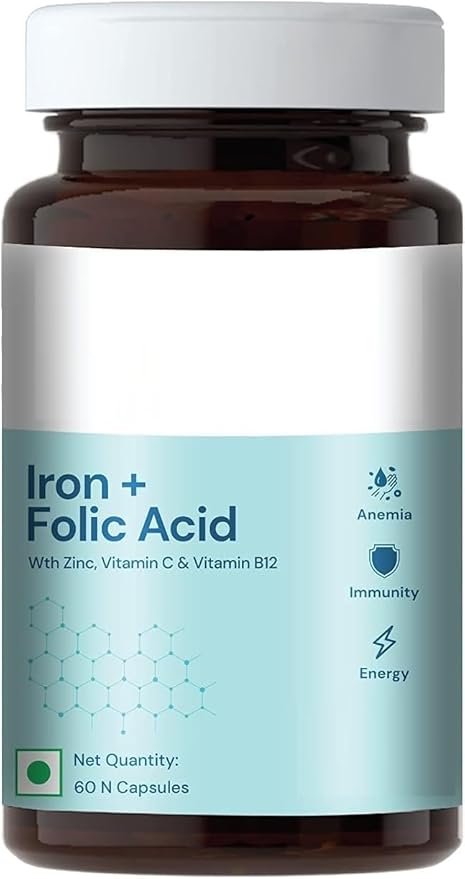 RJ Iron + Folic Acid Supplement with Zinc Vitamin C &amp Vitamin B12 Supports Blood Building Immunity and Energy 60 Iron Folic Acid Capsules