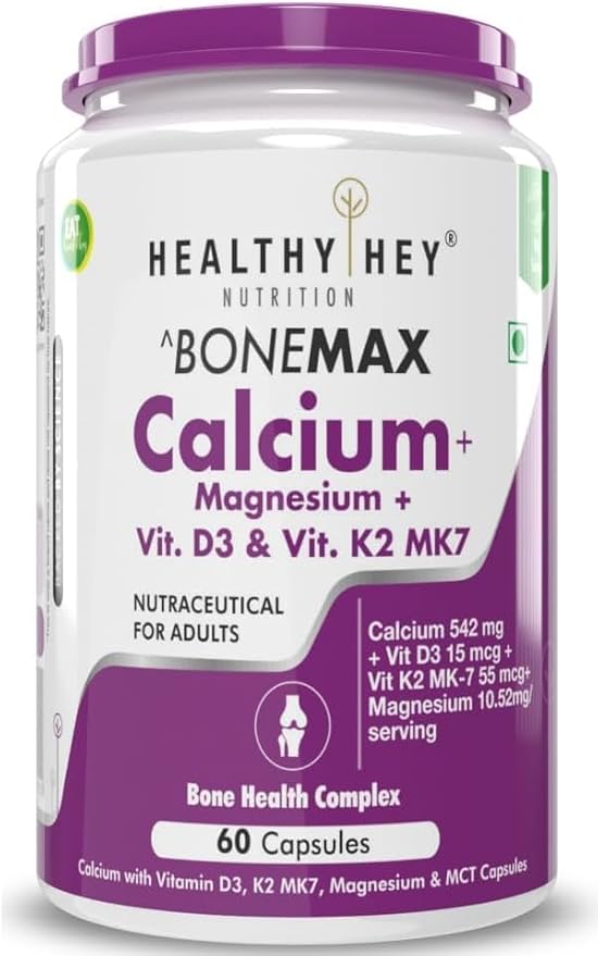 Vegan Calcium with Magnesium Vitamin D3 &amp Vitamin K2- Mk7 - BoneMax - Bone Health Complex - 60 Vegetable Capsules