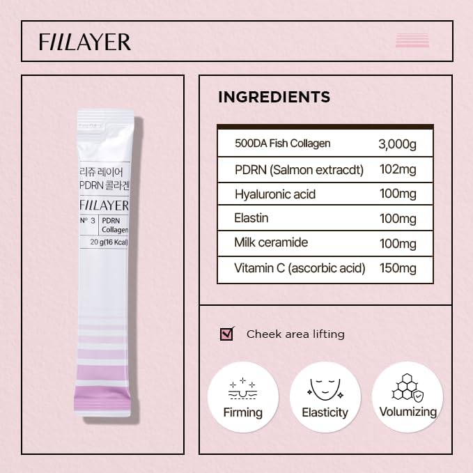 PDRN Collagen Liquid Type with Skin Booster (PDRN Hyaluronic Acid Elastin and Ceramide) for Healthy Skin - Cherry Flavor - 14 Stick