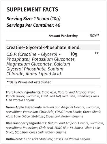 Metabolic Nutrition CGP Creatine Glycerol Phosphate 100% Micronized Creatine Powder Pre Intra Post Workout Supplement Blue Raspberry 400 Grams (40 Servings)