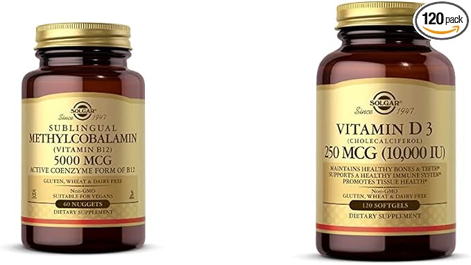 Solgar Methylcobalamin (Vitamin B12) 5000 mcg 60 Nuggets - Supports Energy Metabolism - Body-Ready with Vitamin D3 (Cholecalciferol) 250 MCG (10000 IU) 120 Softgels - Helps Maintain Healthy Bones