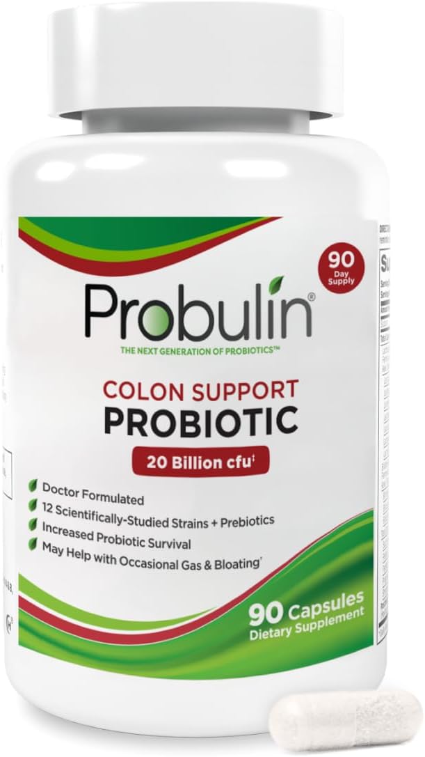 Probulin Colon Support Probiotic Supplement Daily Gut Digestive and Immune Health Probiotics Capsules for Men and Women 20 Billion CFU Vegan 90 Count Bottle