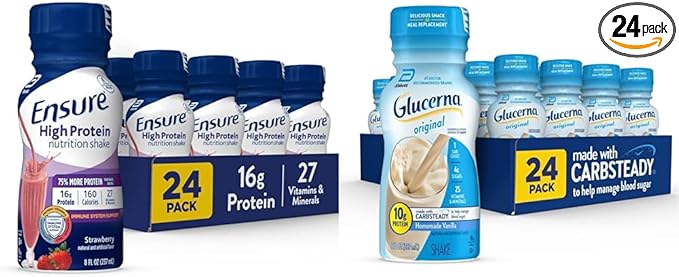 Ensure High Protein Nutrition Shake 24 Pack &amp Glucerna Diabetic Nutritional Shake Blood Sugar Management 24 Count