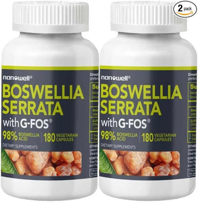 NANOWELL Boswellia Serrata with G-FOS - 98% Boswellic Acid - Supports Joint &amp Mobility Health - 180 Vegan Capsules x 2 Bottles (360 Count)