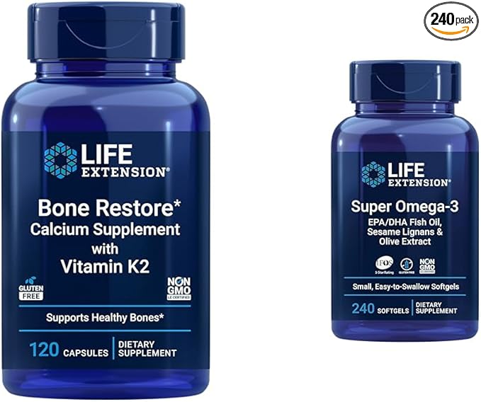 Life Extension Bone Restore + Vitamin K2 Vitamins &amp Minerals Maintain Bone Health &amp Strength &amp Super Omega-3 EPA/DHA Fish Oil Sesame Lignans &amp Olive Extract