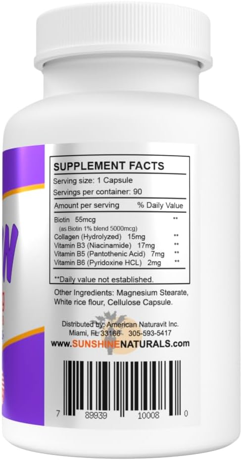Sunshine Naturals Biotin Dietary Supplement. for Healthier Skin Thicker Hair Nail Growth. Collagen Vitamin A B for Hair Loss Beauty Cell Renewal Scalp Health. 5000 mcg. 90 Capsules. Pack of 2