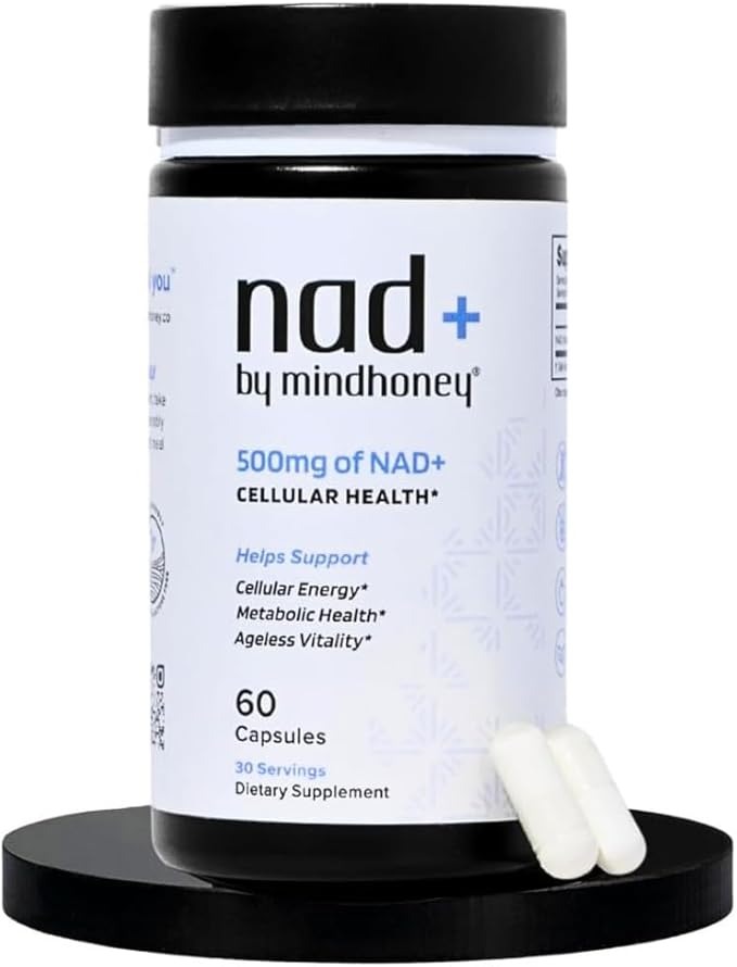 MINDHONEY | NAD+ Brain Supplement | 500mg NAD+ Premium Formula | Healthy Anti-Aging Cellular Energy Cognition Metabolic Health Heart + Muscle Support | Vegan Non-GMO Gluten-Free | 30 Servings