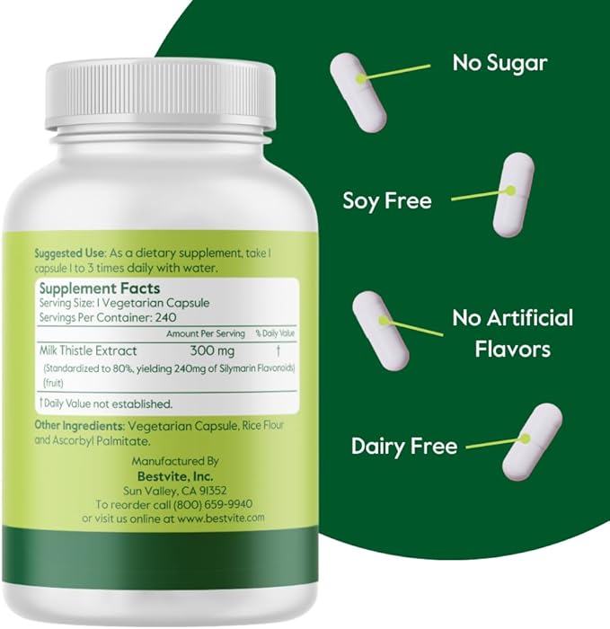 BESTVITE Milk Thistle 300mg (240 Vegetarian Capsules) - Standardized to 80% Silymarin Flavonoids - No Stearates - Vegan - Non GMO - Gluten Free (Pack of 2)