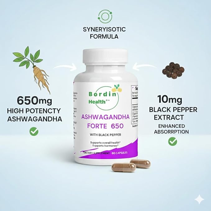 Bordin Health+ Ashwagandha Forte 650 with Black Pepper Organic Dietary Supplement for Stress &amp Mood 60 Vegan Capsules Supports Overall Health and Hormones