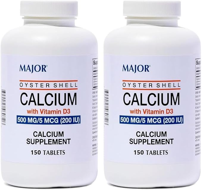 2/Pack Major Oyster Shell 500mg Calcium Tablets Vitamin D3 Bone &amp Muscle Support 300 Tablets for Adults Men &amp Women