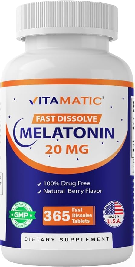 Vitamatic Melatonin 20 mg Tablets | Vegetarian Non-GMO Gluten Free | 1 Year Supply | Natural Berry Flavor - 365 Tablets